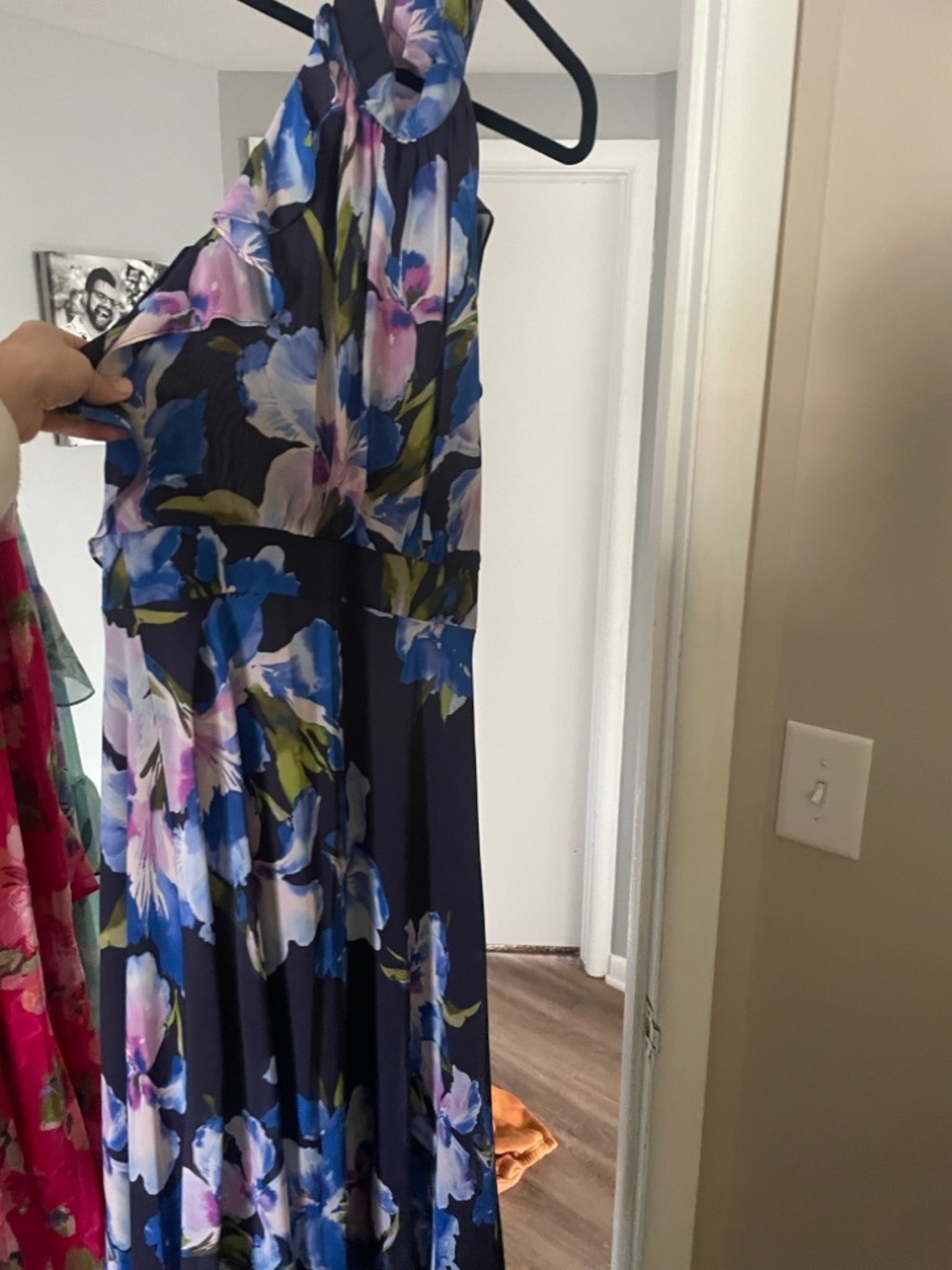 Eliza J Navy Floral Halter Maxi Dress with Blue, Purple and Green Accents